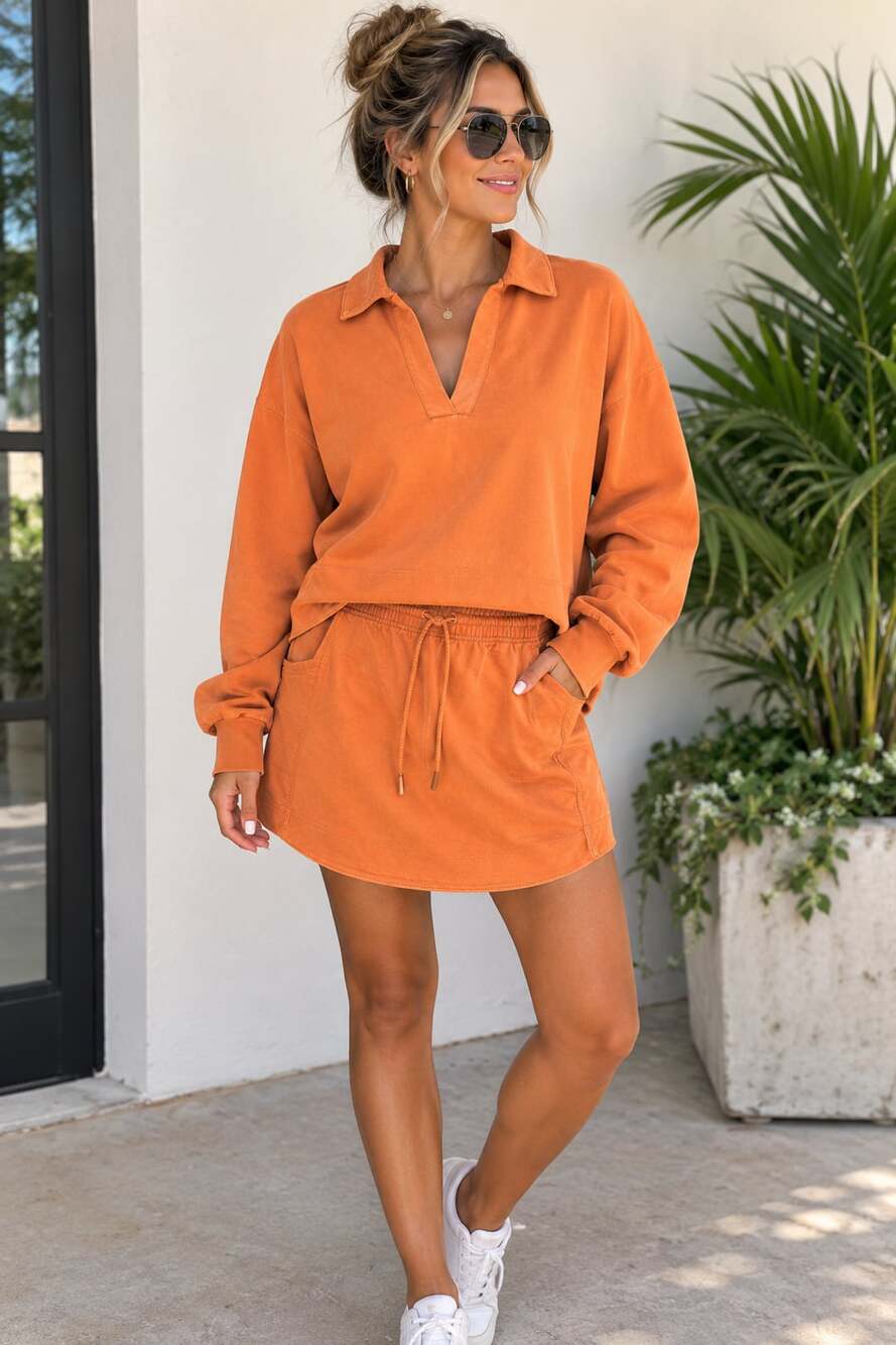 Athleta Sweatshirt Skirt Set Size M Orange French Terry Matching Outfit